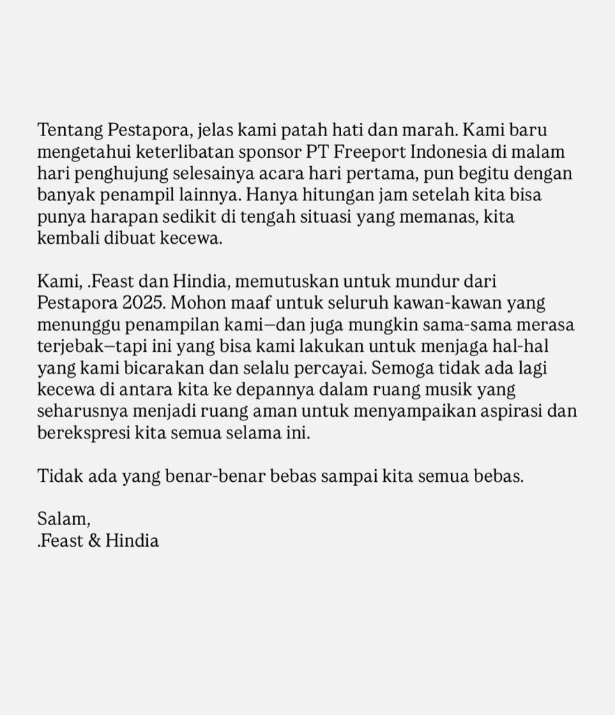 Hindia dan .Feast mundur dari Pestapora 2025